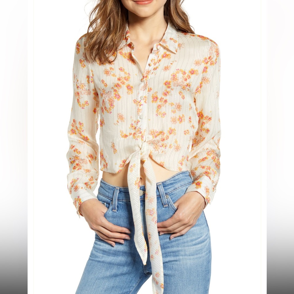 A La Plage Floral Bohemian Style Metallic Stripe Semi Sheer Tie Front Crop Top